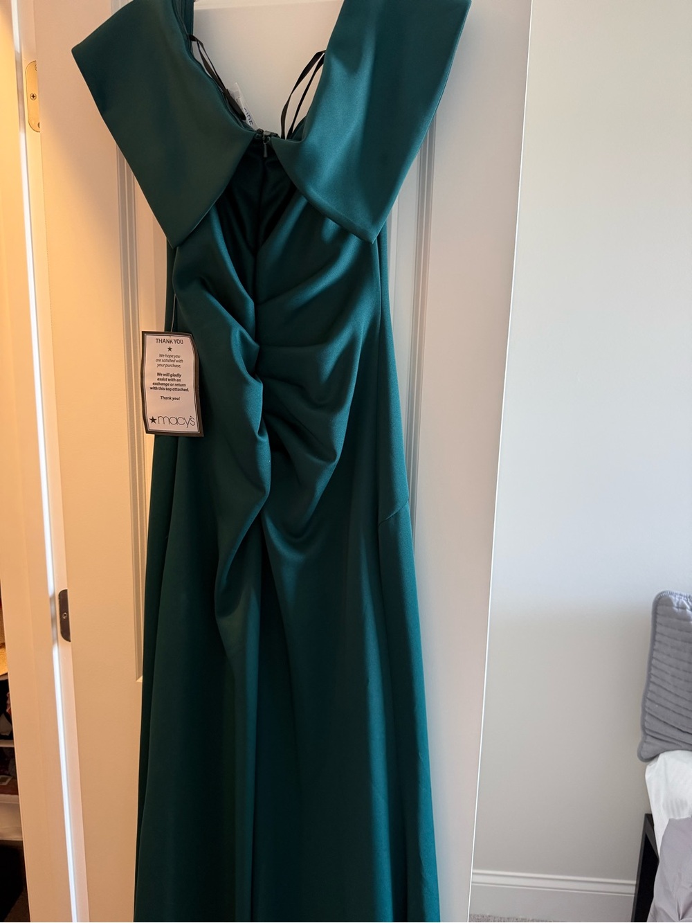 Xscape Teal Green Ruched V-Back Prom Gown